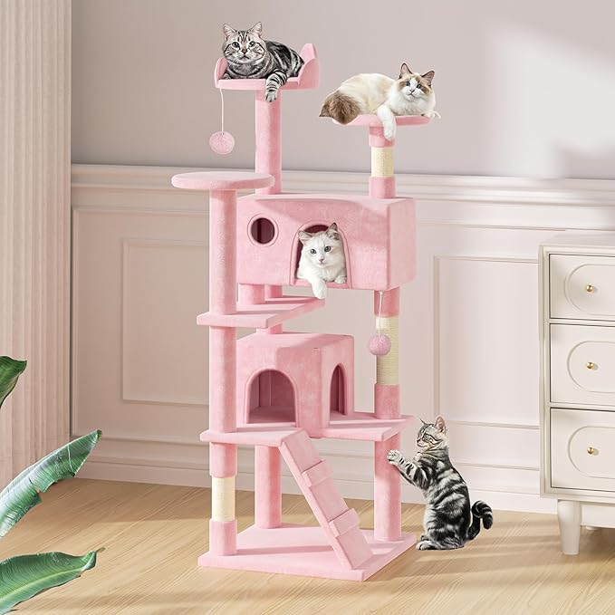 MoNiBloom 60 Inch Cat Tree Tower for Indoor Cats Large Adults, Pink Cat Tower with Scratching Post, Multi-Level Furniture Activity Center with Cat Condo Pet Play House, Soft Pink