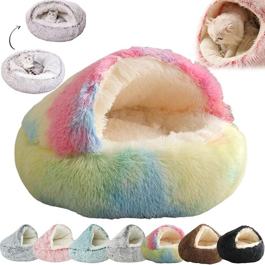 Lapcatz Nest Cat & Dog Bed, Covered Cave - Cozynook Plush Pet Round Bed, Anti-Slip, Washable, Fluffy (X-Large-31.5in, Rainbow)