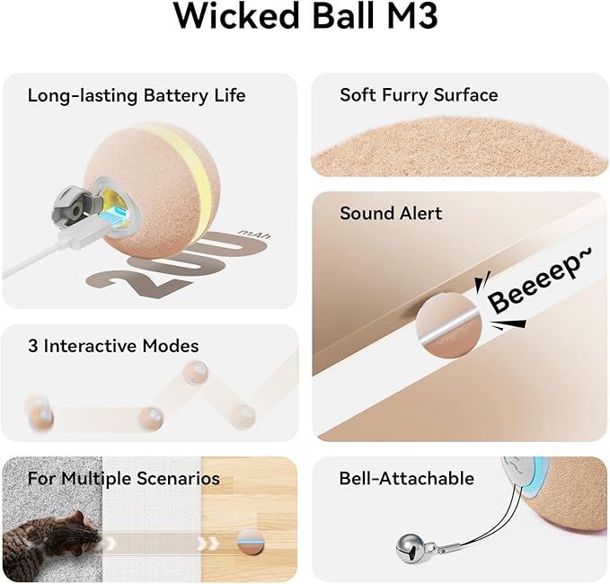 Cheerble Wicked Ball M3, Interactive Cat Ball Toy for Indoor Kittens, Smart Anti-Depression Pet Toy with Light