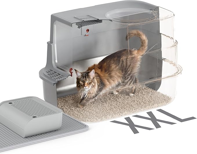 Stainless Steel Litter Box with Lid, Extra Large Enclosed Cat Litter Box for Big Cats, Anti-Leakage Metal Kitty Box with High Sided Enclosure, Scoop, Pedal & Non-Slip Mat, Easy to Clean