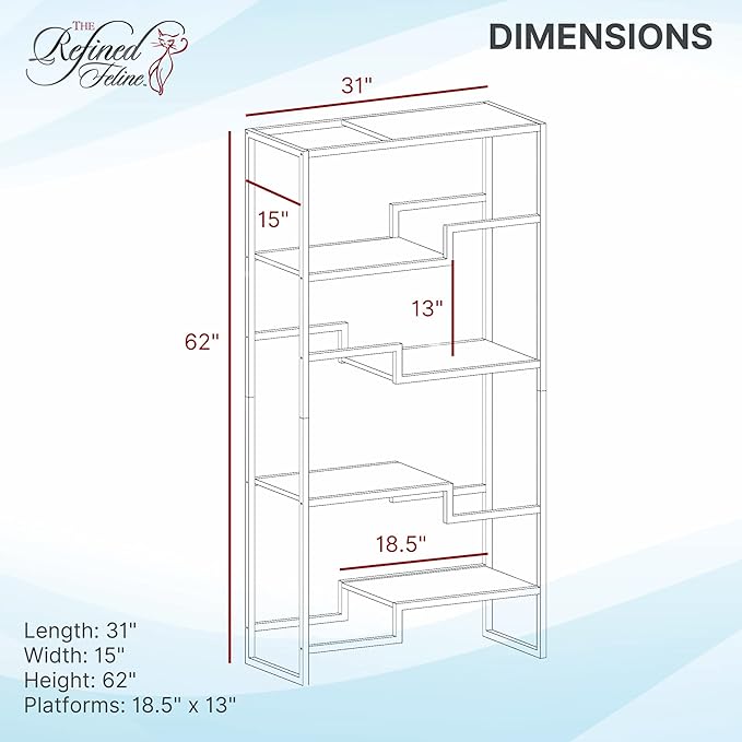 THE REFINED FELINE 62 Inch Tall Metropolitan Cat Condo, Black Metal Frame Cat Tower, Multi-Level Modern Cat Tree for Indoor Cats, Black Platforms with Brown Replaceable Cushions & Scratching Post