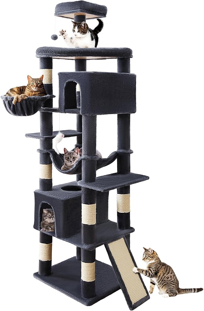 AMHANCIBLE Large Cat Tree, 83 Inch Multi-Level Tall Tower for Indoor Adult Cats, with Scratching Post and Board, Hammock, Condos, Hanging Basket, Activity Center to Play and Sleep, Dark Grey, PT21DG