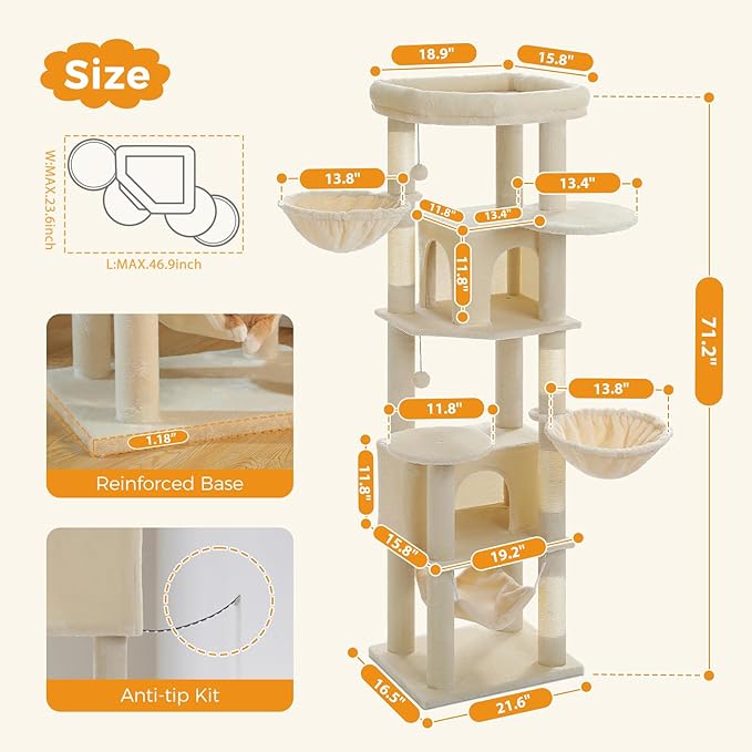 PAWZ Road Tall Cat Tower, 70 Inch Cat Tree with Hammock, 5 Scratching Posts, 2 Condos and a Large Top Perches for Large Cats-Beige
