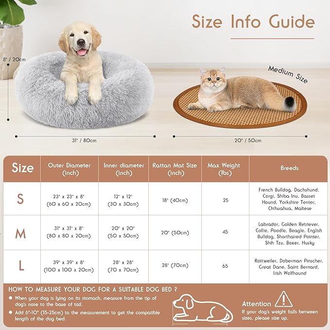 Calming Donut Dog Bed Medium Size Removable Cover + 2 PCS Cooling Rattan Pet Mat, Fluffy Comfort Anti-Anxiety Washable Round Pets Bed with Double-Sided Cool Pad for Medium Dogs/Cat, 31" Gray