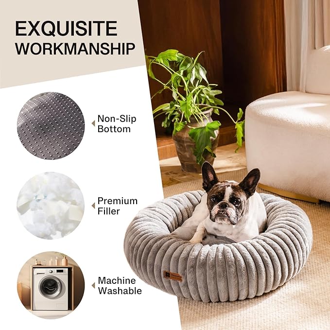 MEWOOFUN Donut Dog Beds for Small Dog, Calming Bed Round Cute Puppy Bed with Non-Slip Bottom, Fluffy Washable Pet Bed for Puppy and Kitten (Grey, S (25x25x7))