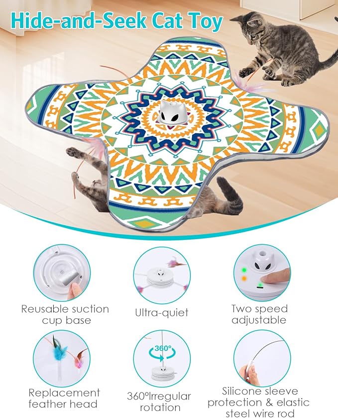 Interactive Cat Toy, Rechargeable Cat Toys for Indoor Cats, Automatic Cats Chasing Toy, Hide & Seek, 2 Modes, Self-Holding Suction Base, 3-in-1 Feather Toys with 1 Teaser Pole, 4 Replacements