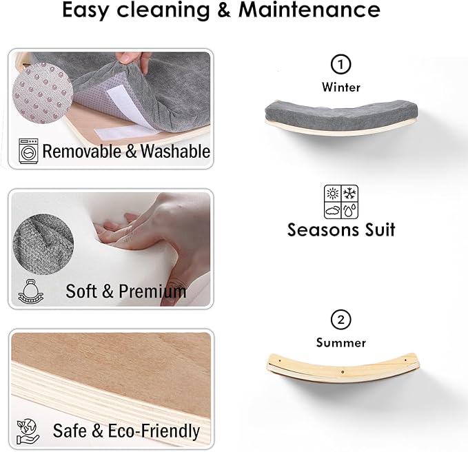 Curved Cat Shelves and Perches, Floating Cat Wall Bed with Comfortable Cushion