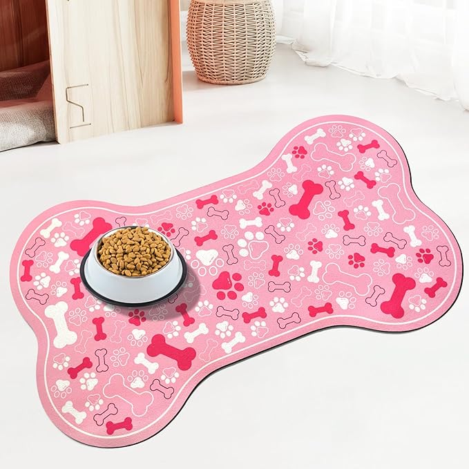 Dog & Cat Food Mat Bone Shaped Pet Feeding Mat Quick Absorb Water Bowl Placemat with Rubber Backing Indoor Floor Stain Resistant Pet Accessory Supplies (Light Pink, 17x29 Inches)
