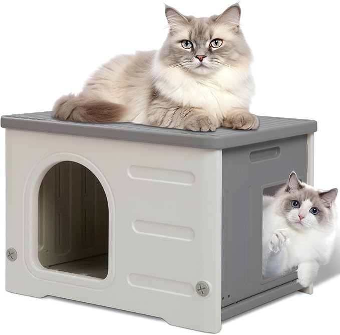 Plastic Cat House for Outdoor Indoor, Waterproof Outdoor Cat House with Escape Door for Feral Cats Outside Cat Shelter for Small Pet, Spacious, Assemble Easily -Grey
