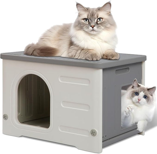 Plastic Cat House for Outdoor Indoor, Waterproof Outdoor Cat House with Escape Door for Feral Cats Outside Cat Shelter for Small Pet, Spacious, Assemble Easily -Grey