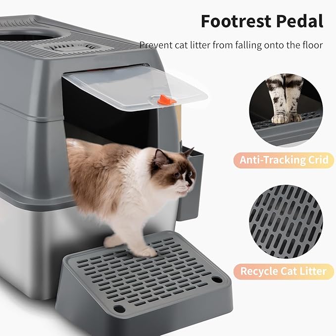 Stainless Steel Litter Box with Sifting Pan, XXL 23.6"L x 15.7"W x 17.7”H Enclosed High Sided Removable Metal Cat Litter Box withLid, Scoop, Anti-Leakage, Non-Sticky, Easy Cleaning (Dark Grey)