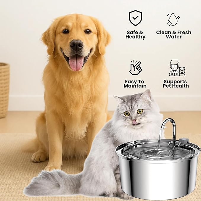 Pawira Water Fountain for Cats, 2025 Upgraded 3.2L/7L Stainless Steel Cats & Dogs Water Fountain with Filter Sets, Multi-Filtration, Whisper Quiet, Easy to Clean (3.2L/112oz, Type C + 4 Filter)