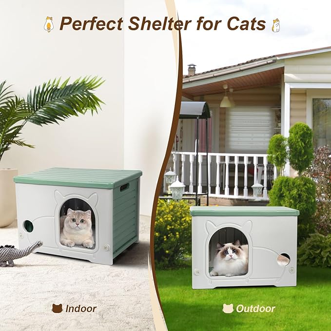 Plastic Cat House for Indoor Outdoor, Weatherproof Outside Cat House for Feral Cat, Stackable Cat Shelter with Plush Cushion (Green)