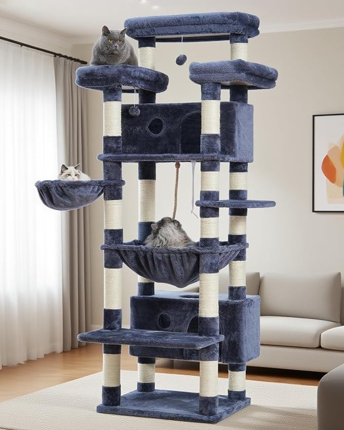 Cat Tree for Indoor Cats Large Adult, 74" Cat Tower with 3 Big Platforms, 2 Baskets, 2 Condos, Multi-Level Cat Scratching Posts, Smoky Gray GCT030G