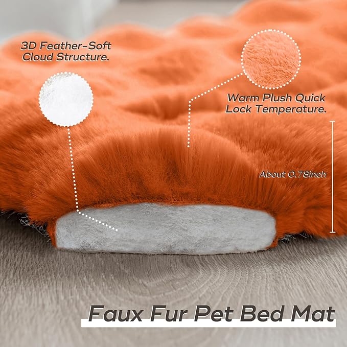 Cat Beds for Indoor Cats Faux Fur Pet Pad Mat Plush Kitten Bed with Non-Slip Bottom for Carriers/Couch Dog & Puppy Friendly 23 x 15 Inch Medium Orange