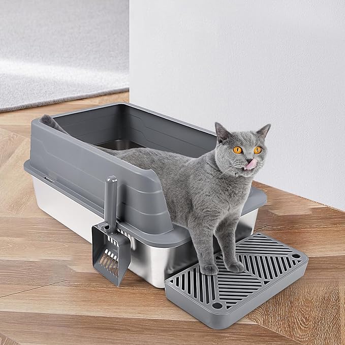 Stainless Steel Litter Box, XL 22.9”x15”x 10.3” High Sided Metal Cat Litter Tray with Scoop, Filter Pedal for Anti-Splash, Odor-Free, Non-Sticky, Easy to Clean (Dark Grey)