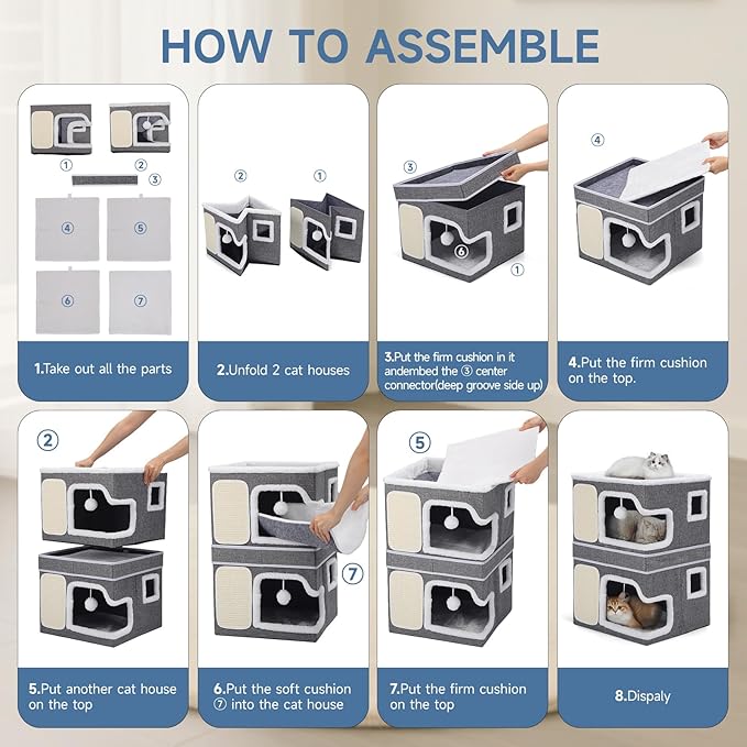 Double Cat Beds for Indoor Cats, 2-Storey Cat House with Large Cozy Hideaways, Dual Purpose Cat Cave Cube with Scratch Pads, Hanging Balls, Foldable Indoor Cat Houses for Multi Cats Kittens Small Pets