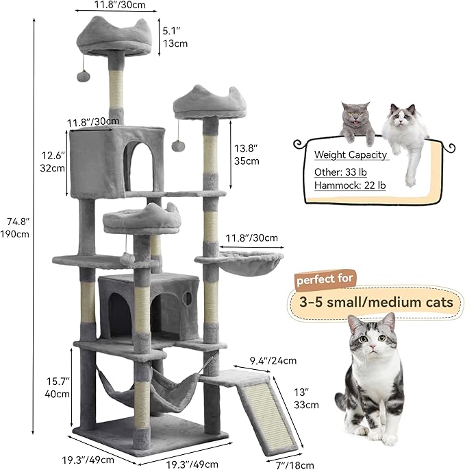 YITAHOME 75-Inch Tall Cat Tree Indoor: Multi-Level Kitten Tower with Kitty Condos, Top Perches, Sisal Ramp, Scratching Posts & Cozy Basket Hammocks Pet Play House Light Gray