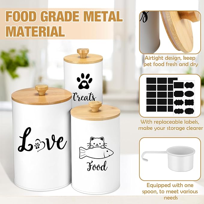 Metal Airtight Cat Treat Container Set of 3 with Bamboo Lids and Spoon Cat Food Storage Container with DIY Labels Pen Pet Cookie Snack Food Storage Organizer Jars for Kitchen Counter(White)