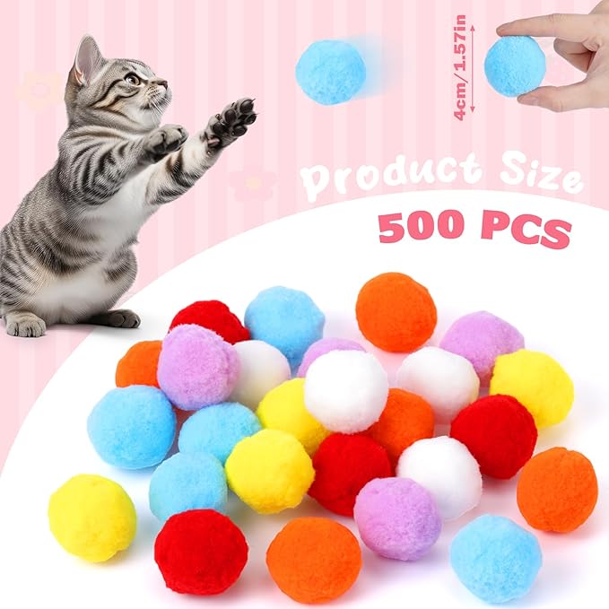 500 Pcs 1.8"/4cm Cat Toy Balls Bulk Colorful Kitten Puff Balls Pompon Toys Indoor Cats Interactive Pet Playing Exercising Assorted 6 Colors