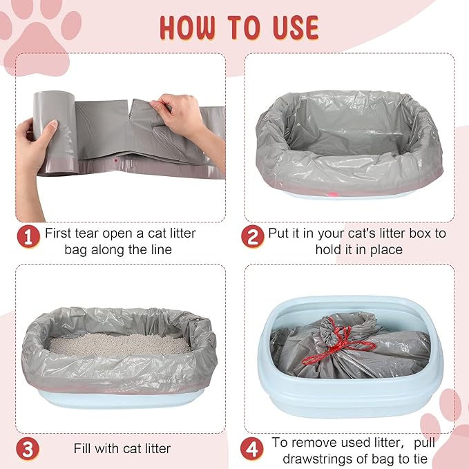 Tinlade 80 Count Jumbo Cat Litter Box Liners Large Drawstring Cat Litter Liners Bags Unscented Tear Resistant for Trash Waste to Keep Your Home Clean,39 x 22 Inch(Gray, Red)