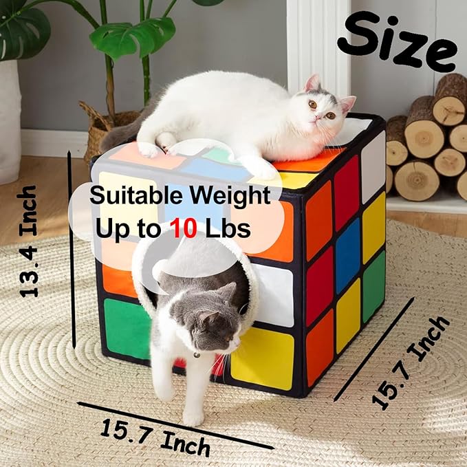 LUCKITTY Cat Condo House with Reversible Cushions and Fluffy Ball Hanging, Foldable Magic Cube, Large Cave Bed for Indoor Cats, Unique Puzzle Shape 15.7“ x 15.7" x 13.4”