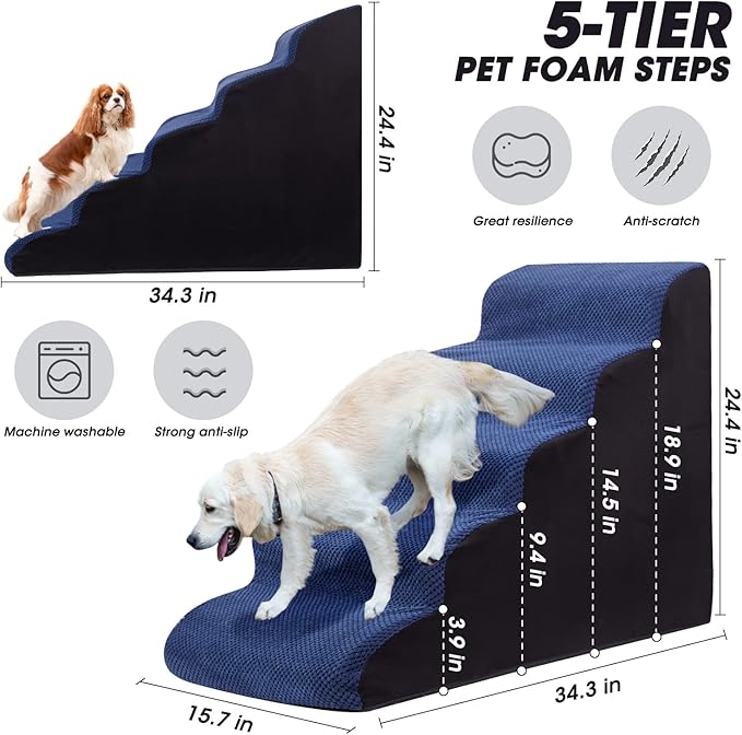 Dog Steps&Stairs for High Beds 24.4 inches High Up to 24-28 inches Bed, Tall Extra Wide Pet Stairs/Steps for High Bedsides,Non-Slip Dog Ramps for Small Older Dogs/Cats(Blue)