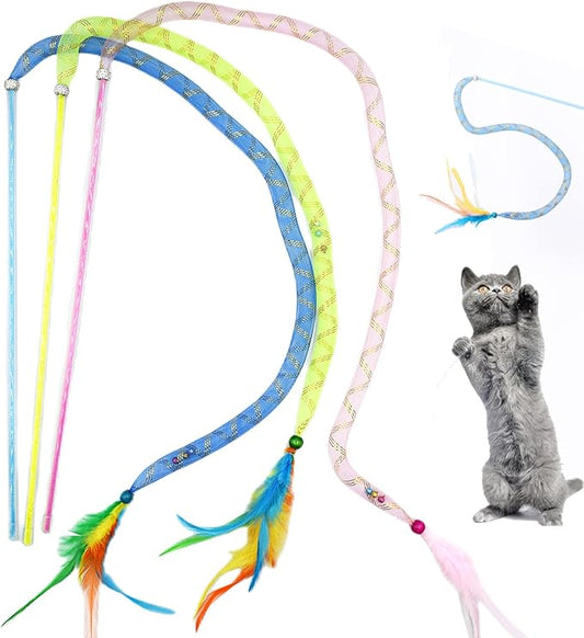 IUHKBH Cat Wands, 3 PCS Soft Line Tube Teaser Wands Colorful Feather Wands with Bell Interactive Cat Toys