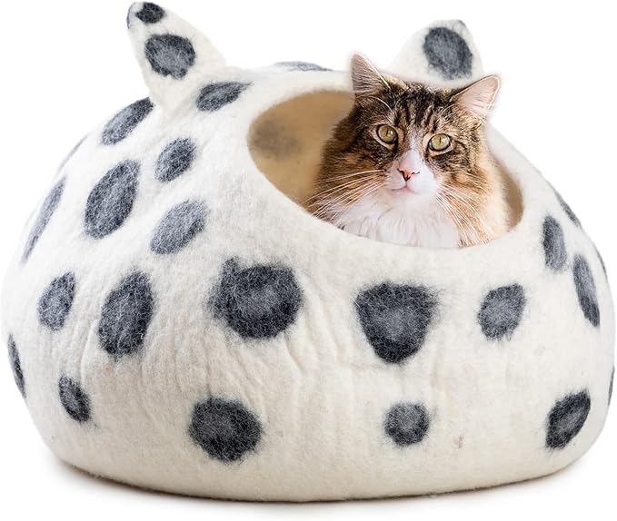 Wool Cat Cave Bed - Extra Warm, Handcrafted, Eco-Friendly Felt Cat Cave for Indoor Cats and Kittens (White Polka) by Woolygon