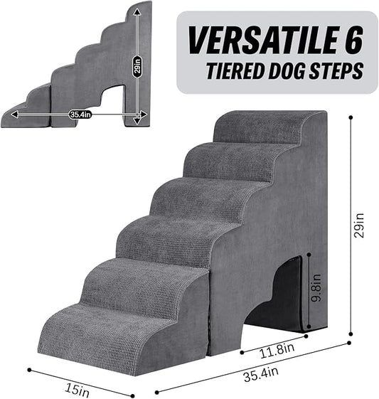 6 Step Dog Stairs&Steps 29 Inches Tall Up to 29-32 Inches High Bed, Dog Ramp Cat Stairs Pet Ladder for Small Medium Dogs, Doggie, Old Cats, Kitty, Grey