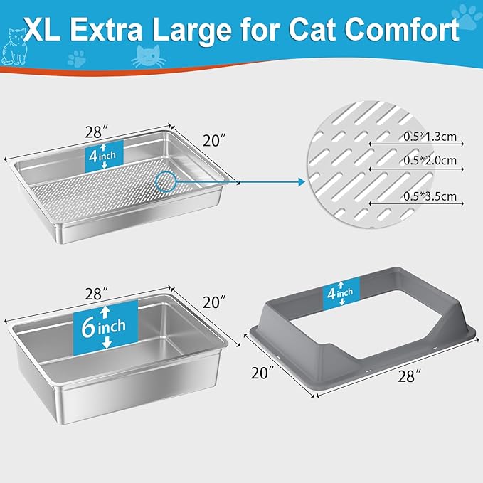 28''L×20''W×10''H XXXL Stainless Steel Sifting Litter Box with Lid,Sifting Cat Litter Box for Wood Pine Pellets,High Sides Sifter Litter Pan System,Odor Control,Easy to Clean,with Liners and Scoop
