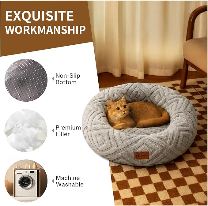 ShinHye Cat Bed - Washable Donut Bed for Cats and Small Dogs, Calming Round Pet Bed with Non-Slip Bottom, Indoor Comfort for Puppy & Kitten(LX-Grey-32x32)