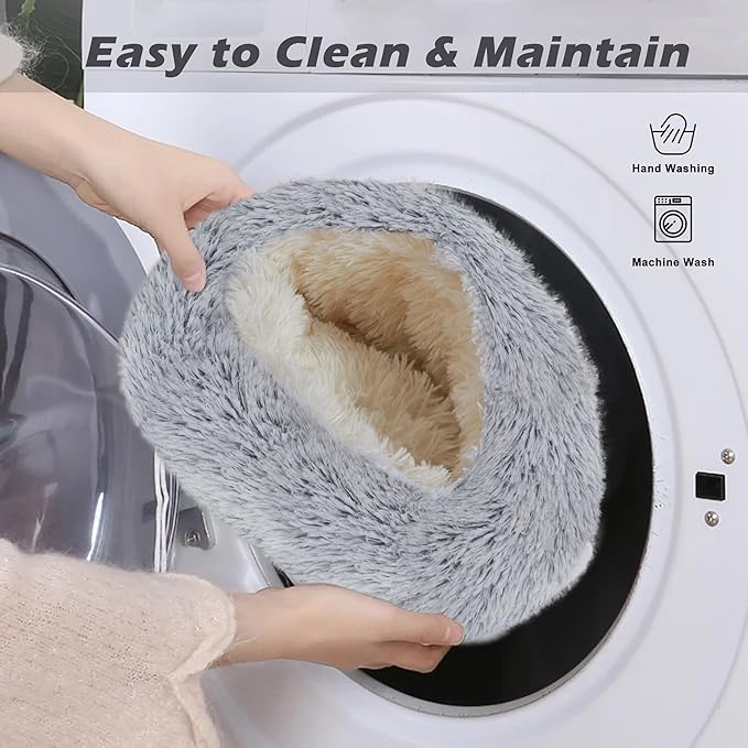 Deblue Soft Cat Cave Beds for Indoor Cats, Round Warm Cat Beds with Hooded Cover, Waterproof Bottom Long Plush Covered Sleeping Cozy Pet Bed for Puppies and Cats (Large)