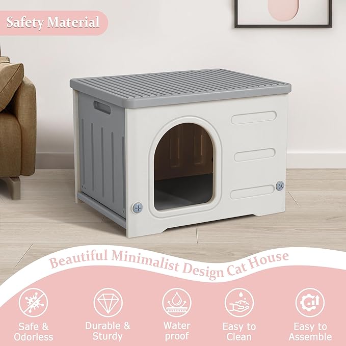 Deblue Plastic Cat House for Indoor Outdoor, Weatherproof Outside Cat House for Feral Cats, Unique Cat Shelter for Small Pet, Spacious, Easy to Assemble - Grey