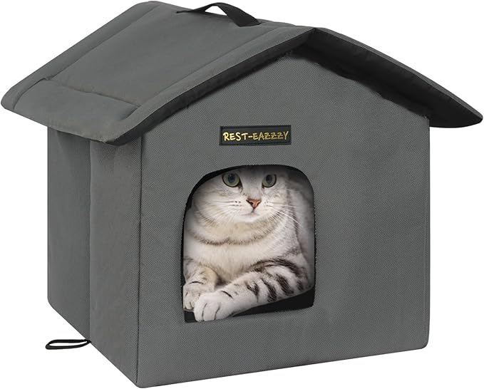 Rest-Eazzzy Cat House for Outdoor Cats, Weatherproof and Insulated Feral Cat House with Mat and Clip, Easy to Put Together, Selfwarming Cat Shelter for Winter(Grey, Waterproof House-S)