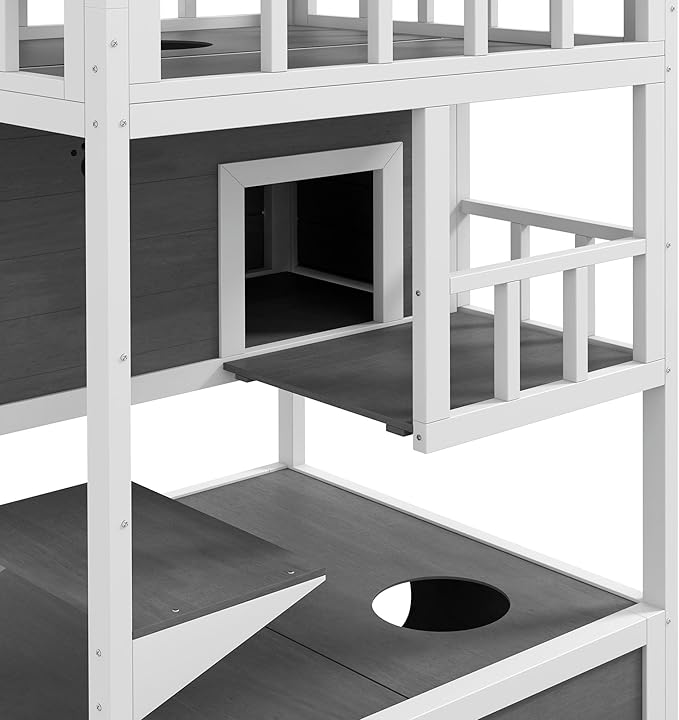 PawHut Wooden Outdoor Cat House, Feral Cat Shelter Kitten Condo with Asphalt Roof, Escape Doors, Condo, Jumping Platform, Light Gray