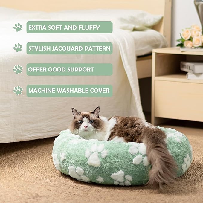 Donut Dog Beds for Medium Dogs, Calming Round Cat Beds for Indoor Cats, Cute 3D Textured Paw Pet Bed with Removable Washable Cover and Anti-Slip Bottom（Green，30"）