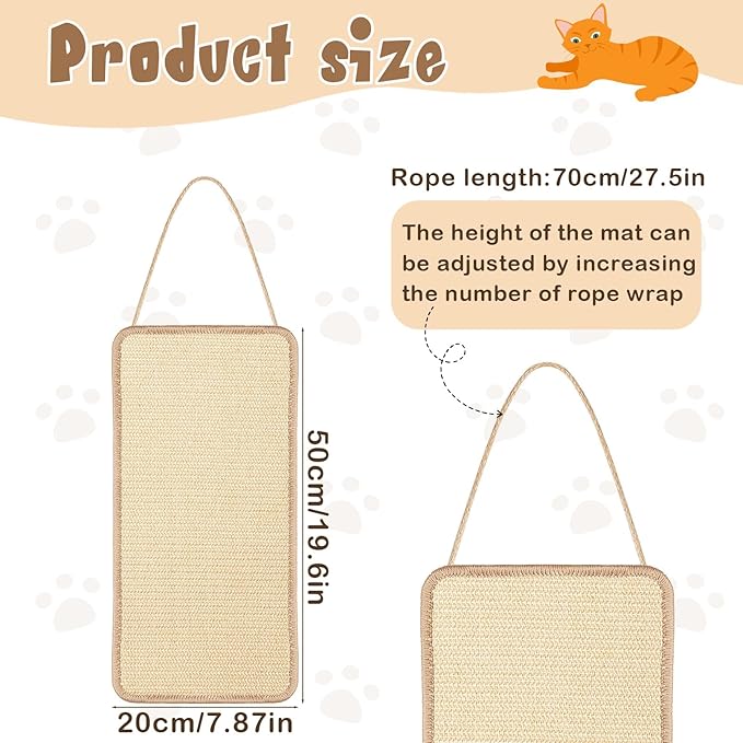 2 Pack Sisal Door Cat Scratching Mat Double Use Hanging Scratcher Wall Floor Mount Natural Cat Scratch Mat Kitty Scratching Pad for Indoor Kitten with Hemp Rope, 7.87 x 19.69(Natural)