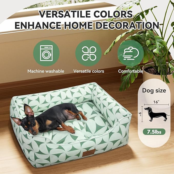 Rectangle Cat Dog Bed for Large Medium Small Pets Indoor Outdoor Machine Washable Sleeping Sofa Non-Slip Bottom Soft Puppy Bed Durable Orthopedic Calming Pet Cuddler (Medium, Green Pattern)