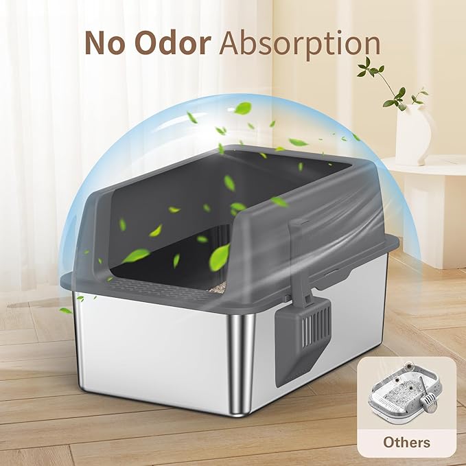 Zarler Stainless Steel Litter Box with Lid, 8” Deep Extra Large Cat Litter Boxes, XL Metal Litter Box for Big Cats with High Sided, Black (Non-Sticky, Easy to Clean, Anti-Urine Leakage)