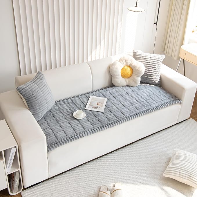 Faux Fur Plush Dog Couch Cover 3D Stripe Fuzzy Sofa Cover Non-Slip Fluffy Dog Bed Cover Pet Blanket Sofa Couch Furniture Protector for Puppy Large Dog Cat (Light Grey,28"x28")