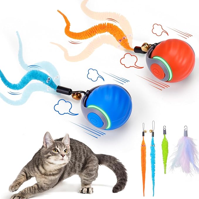BABORUI 2Pack Interactive Cat Toy Ball - Automatic Interactive Cat Toys for Indoor Cats with 3 Tails, 2 Speeds Rechargeable Enrichment for Small/Medium/Large to Keep Them Busy