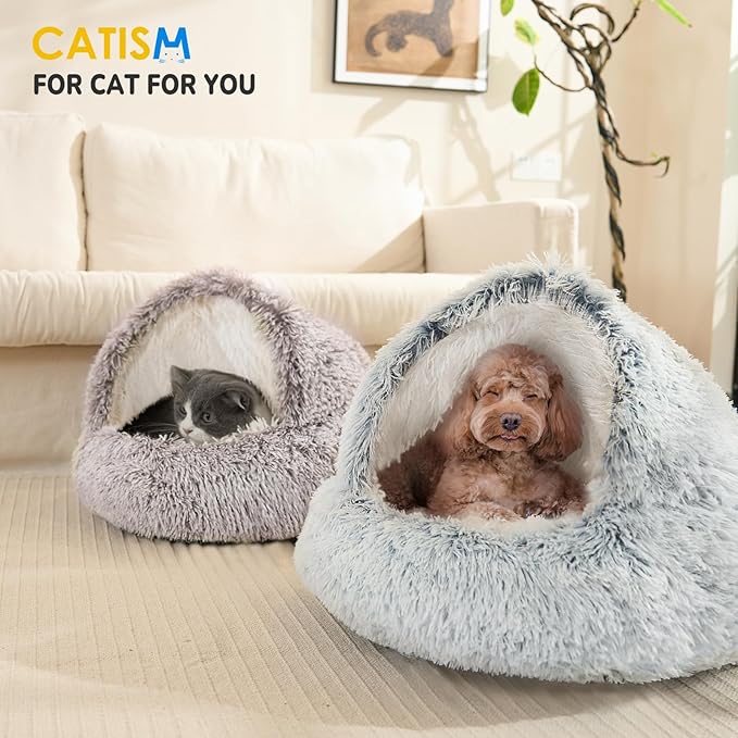 CATISM Cat Bed, Plush Hooded Cat Beds for Indoor Cats, Self Warming Cats Beds Cave, Cozy Pod for Indoor Kitten or Small Dog, Removable Washable with Non-Slip Bottom