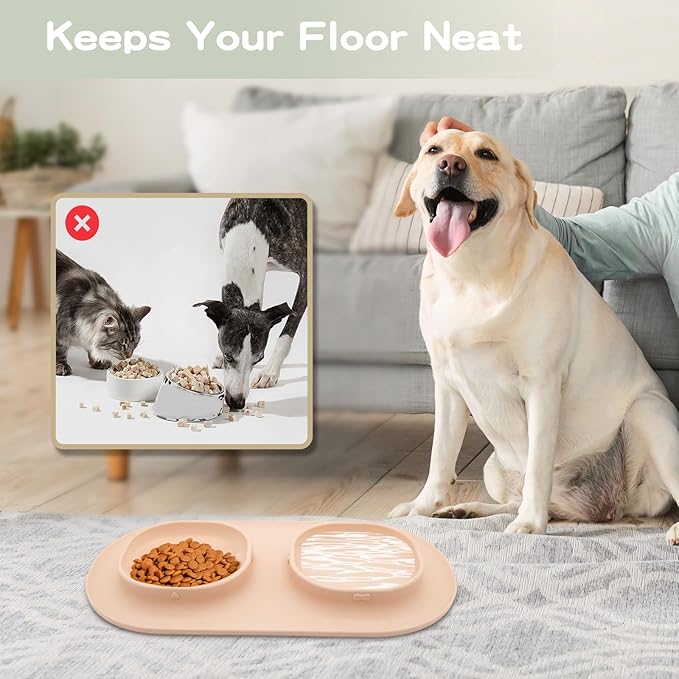 Dog Food Bowls Pet Bowls & Dog Water Bowls with No-Spill and Non-Skid, Feeder Bowls with Dog Bowl Mat for Small Medium Large Size Dogs Cats Puppy Pets, Dog Dishes (Khaki)