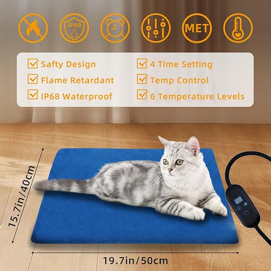 Pet Heating Pad, 6 Adjustable Temperature Heated Dog Cat Bed with Timer,Indoor Warming Heated Mat Pad with Chew Resistant Cord,19.7 x 15.7 Inches