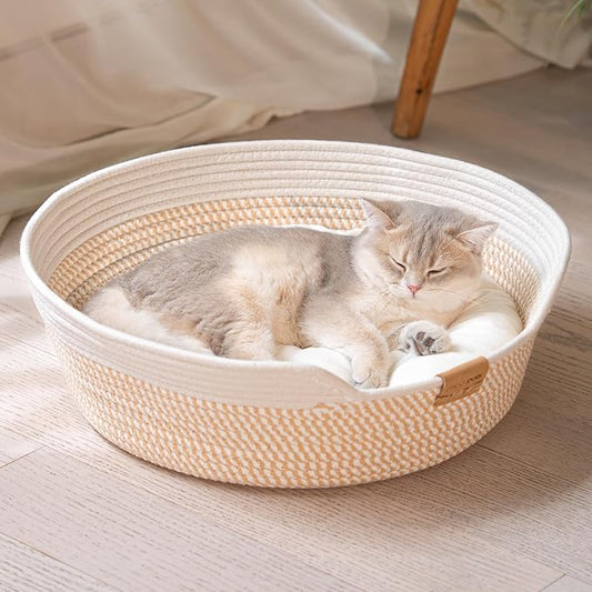 Cat Bed Basket with Cushion, Cute Pet Bed for Indoor Cats Couch, Kitten Bed for Medium and Large Cat, All Season Universal (White)