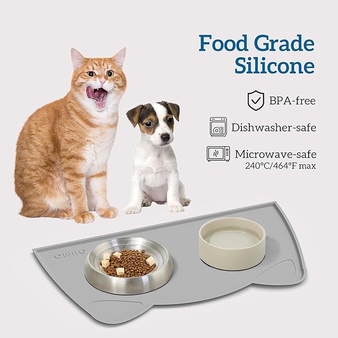 OHMO - Cat Food Mat, Silicone Pet Feeding Mat for Floor Non-Skid Waterproof Dog Water Bowl Tray, Easy to Clean Pet Placemat
