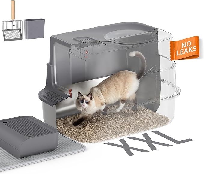 XXL Stainless Steel Covered Cat Litter Box with Lid – Extra Large Enclosed Metal Litter Box for Big Cats, Leak-Proof, Odor Control, Top Exit, Scoop, Pedal & Non-Slip Mat, Easy to Clean