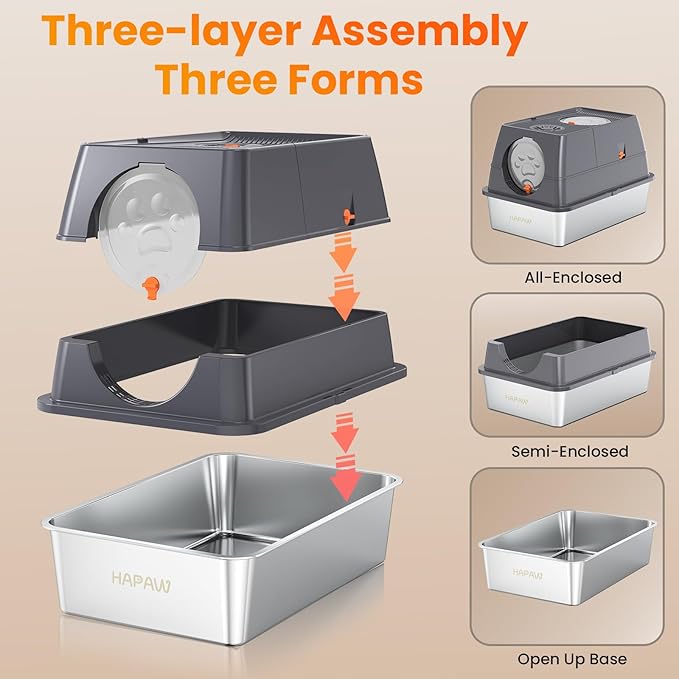 Stainless Steel Litter Box with Lid, 135° Flip-Top Extra Large Cat Litter Pan, Enclosed Metal Litter Box with Litter Scoop & Filter Pedal, Odor Free, Front & Top Dual Entry