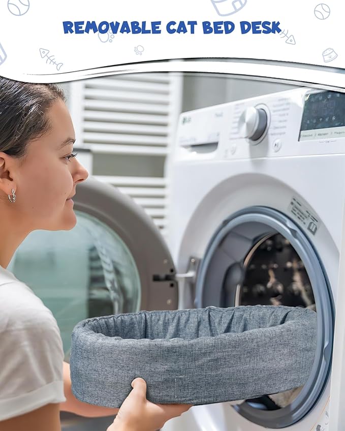 Cat Desk Bed, 360° Rotating Elevated Desk Cat Bed, Adjustable Desk Kitten Bed Up to 55 LBS, Washable Soft Fabric Pet Desks Nest Beds, Modern Indoor Cat Nest Furniture for Home, Office, Study and Room